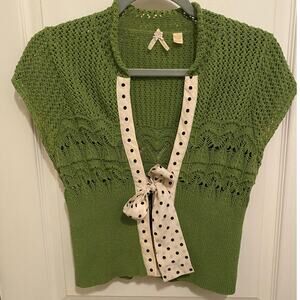 Anthropologie Maeve Green Cardigan w/ Polka Dot Bow Tie Size Medium